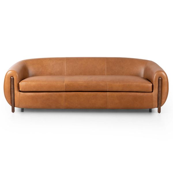 Sofa tapicerowana o ponadczasowym wygladzie z miekka linia w odcieniu bezu