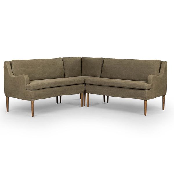 Sofa narozna o lekkiej bryle z subtelnym wyrazem w odcieniu brazu